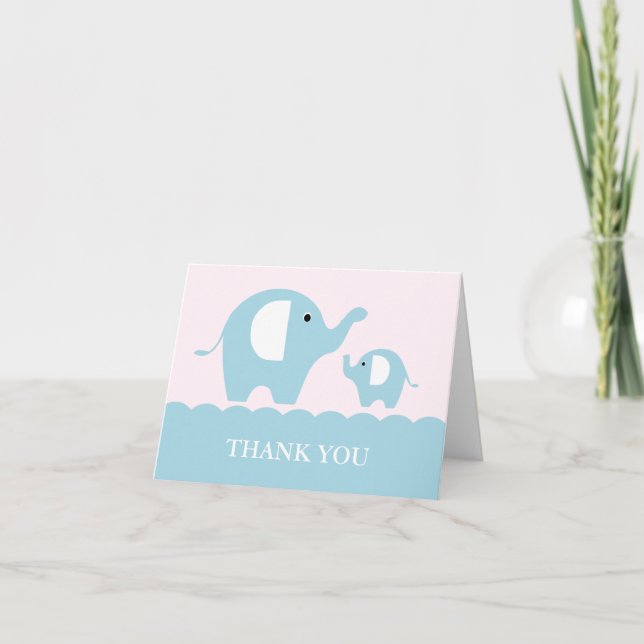 Pink and Blue Mom and Baby Elephants Thank You Card (Front)