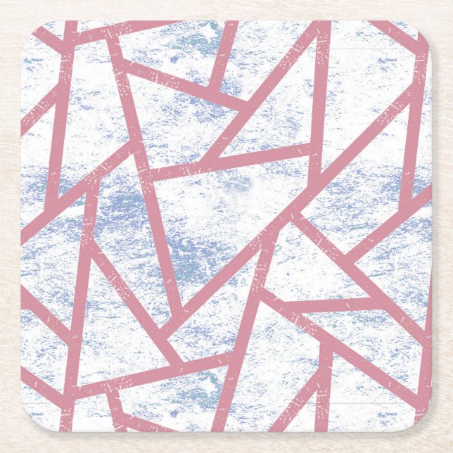 Pink and blue mosaic pattern square paper coaster (Front)