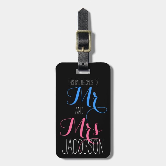 Pink and Blue Mr and Mrs Luggage Tag (Front Vertical)