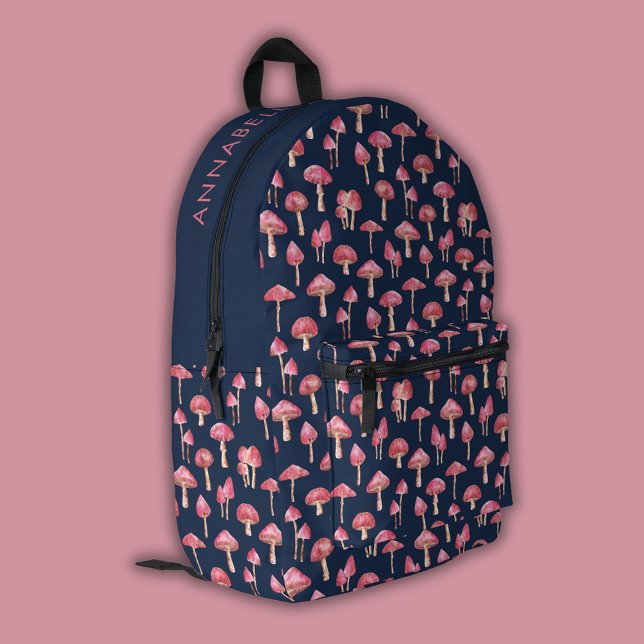 Pink and Blue Mushroom Pattern Printed Backpack (Pink mushroom patterned and personalized backback.)