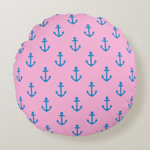 Pink and Blue Nautical Anchor Pattern Round Pillow