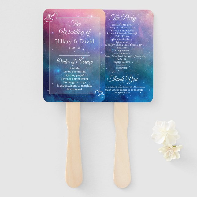 Pink and Blue Nebula Wedding Program Hand Fan (Front and Back)