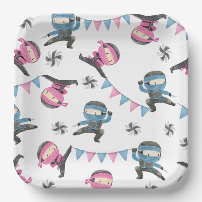 Pink and Blue Ninja Party Paper Plates (Front)