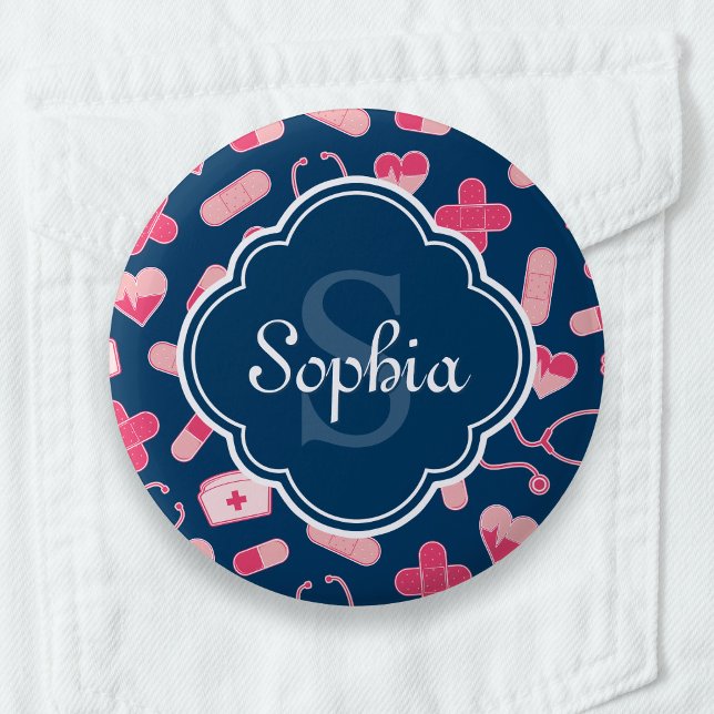 Pink and Blue Nurse Pattern with Monogram 2 Inch Round Button (Creator Uploaded)