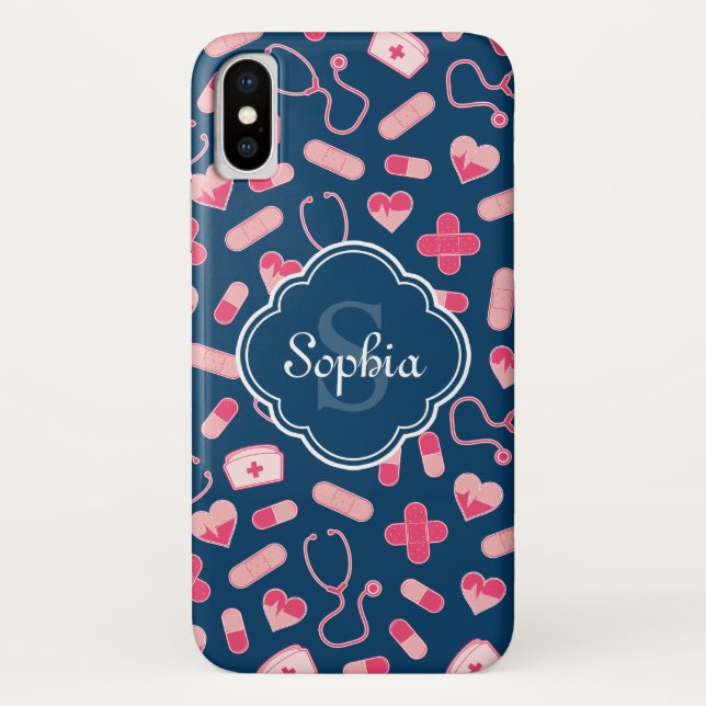 Pink and Blue Nurse Pattern with Monogram Case-Mate iPhone Case (Back)