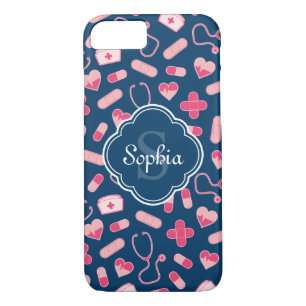Pink and Blue Nurse Pattern with Monogram iPhone 8/7 Case