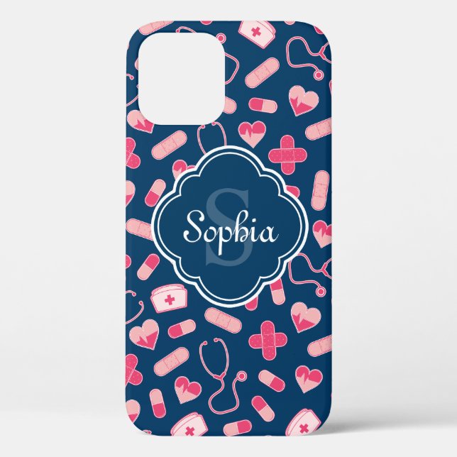 Pink and Blue Nurse Pattern with Monogram Case-Mate iPhone Case (Back)