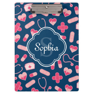 Pink and Blue Nurse Pattern with Monogram Clipboard