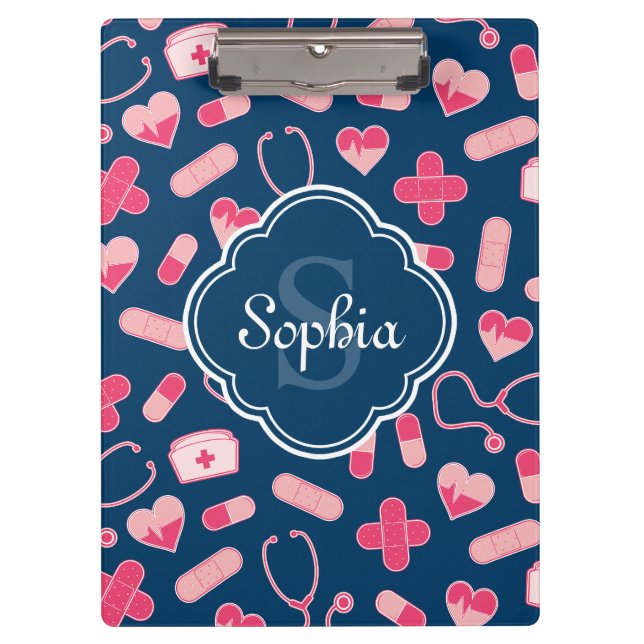 Pink and Blue Nurse Pattern with Monogram Clipboard (Front)