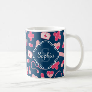 Pink and Blue Nurse Pattern with Monogram Coffee Mug