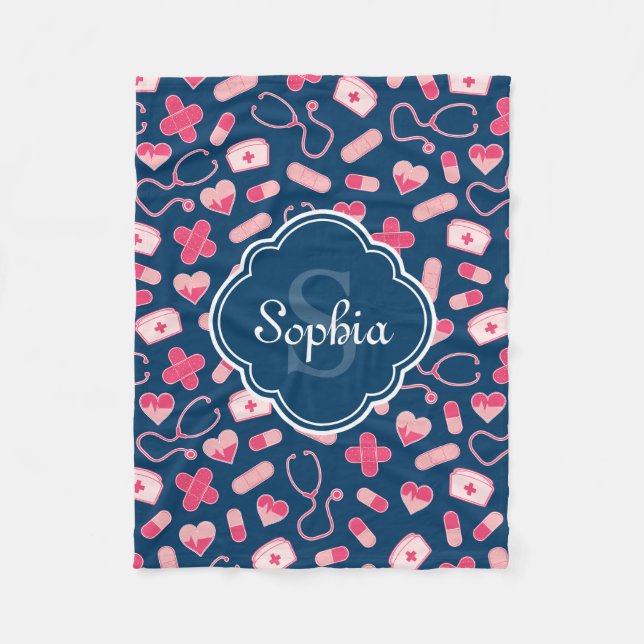 Pink and Blue Nurse Pattern with Monogram Fleece Blanket (Front)