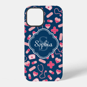 Pink and Blue Nurse Pattern with Monogram iPhone 12 Case