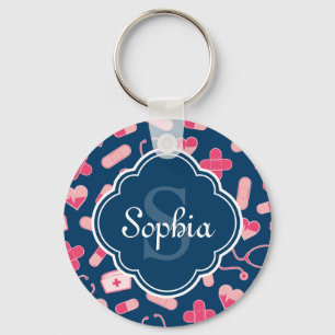 Pink and Blue Nurse Pattern with Monogram Keychain