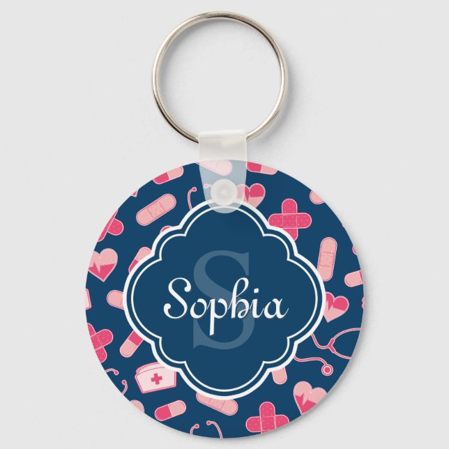 Pink and Blue Nurse Pattern with Monogram Keychain (Front)
