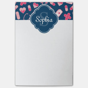 Pink and Blue Nurse Pattern with Monogram Post-it Notes