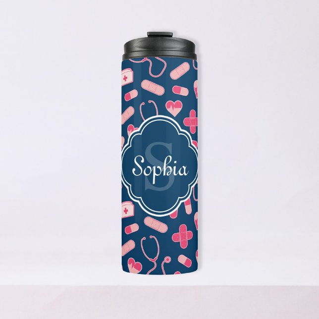 Pink and Blue Nurse Pattern with Monogram Thermal Tumbler (Creator Uploaded)