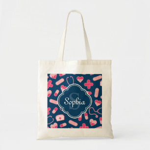 Pink and Blue Nurse Pattern with Monogram Tote Bag
