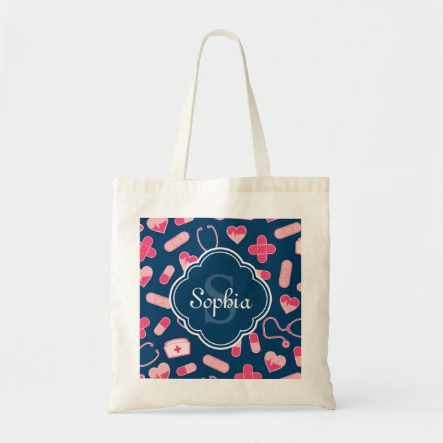Pink and Blue Nurse Pattern with Monogram Tote Bag (Front)