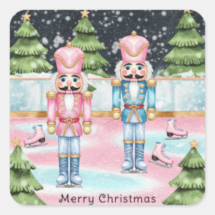 Pink and Blue Nutcrackers standing on an Ice Rink  Square Sticker