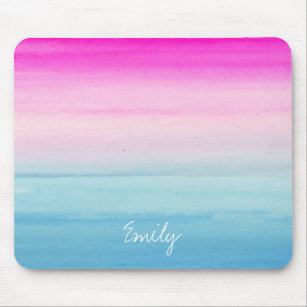 Pink and Blue Ombre Watercolor   Add Your Name Mouse Pad