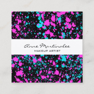 Pink and Blue Paint Splatter on Black  Square Business Card