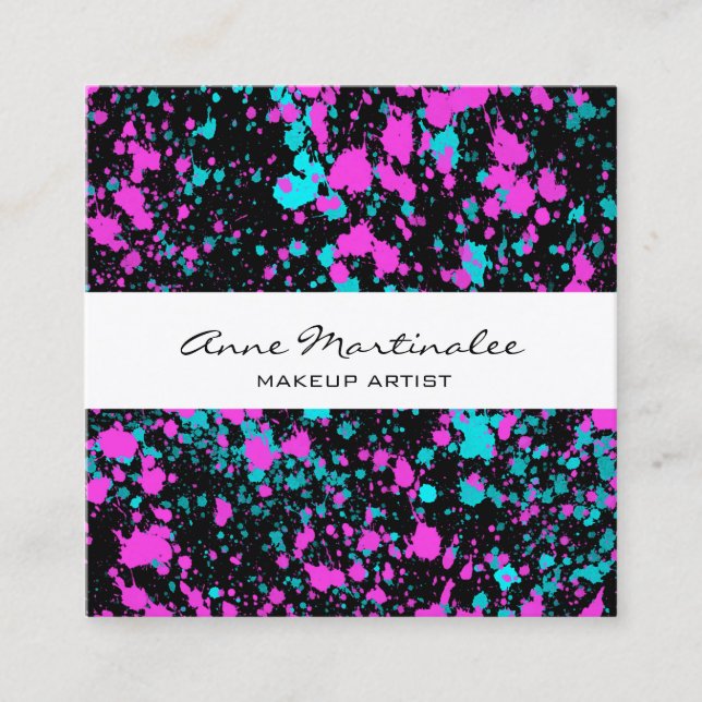 Pink and Blue Paint Splatter on Black  Square Business Card (Front)