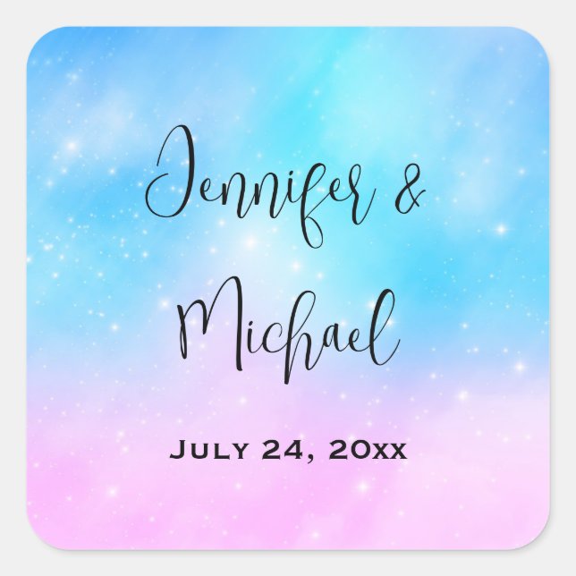 Pink and Blue Pastel Gradient Sky Wedding Date Square Sticker (Front)