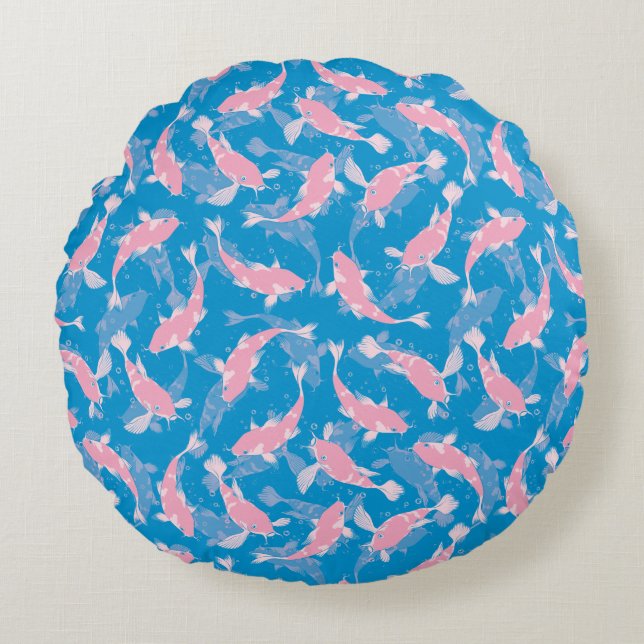 Pink and Blue Pattern - Koi Fish Round Pillow (Front)
