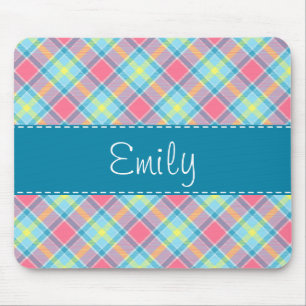 Pink and Blue Plaid Pattern Mouse Pad