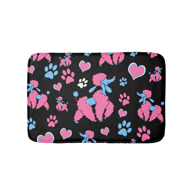 Pink and Blue Poodle Pattern on Black Background Bath Mat (Front)
