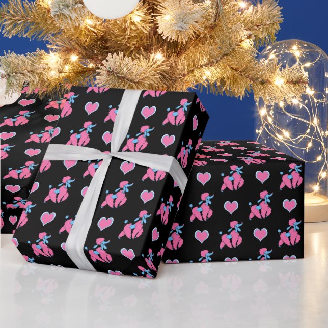 Pink and Blue Poodles and Hearts on Black Wrapping Paper (Holidays)