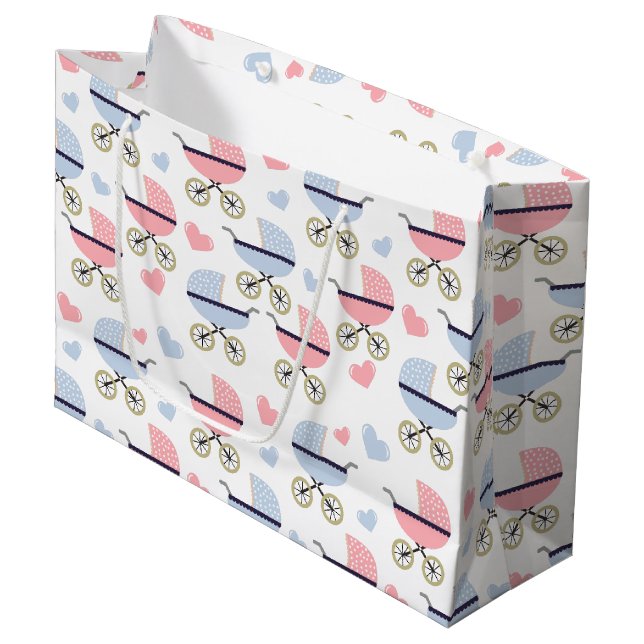 Pink and Blue Pram Pattern Baby Shower Large Gift Bag (Front Angled)