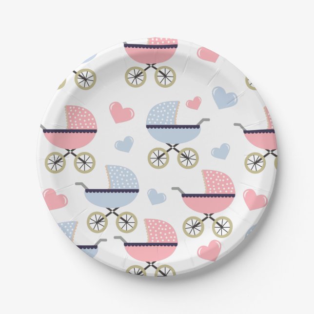 Pink and Blue Pram Pattern Baby Shower Paper Plate (Front)