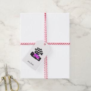 Pink and Blue Race Car with Chequered Flag Gift Tags
