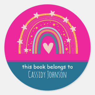 Pink and blue rainbow kids name classic round sticker