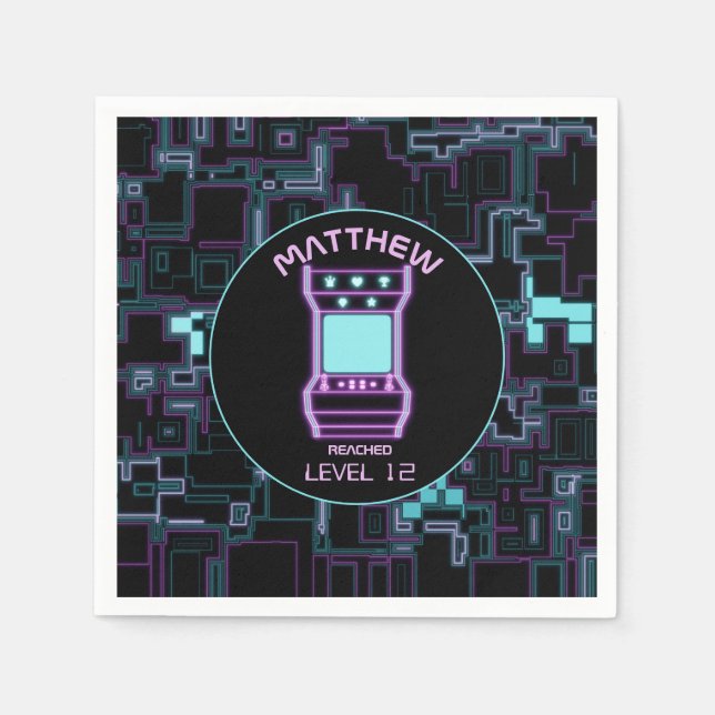 Pink and Blue Retro Arcade Video Game Napkin (Front)