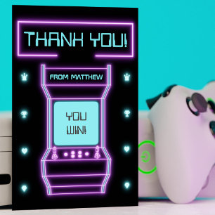 Pink and Blue Retro Arcade Video Game Thank You Card