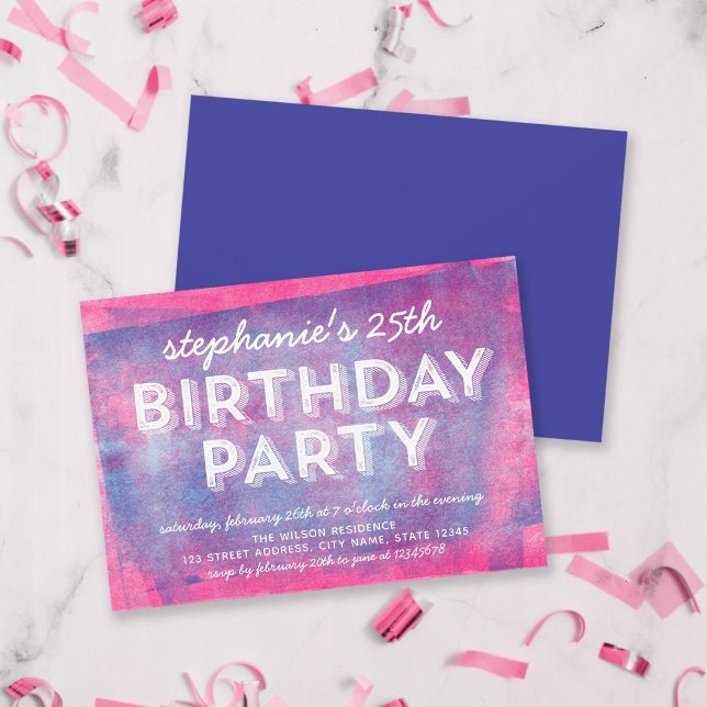 Pink and Blue Rolled Ink Any Age Birthday Invitation (Creator Uploaded)
