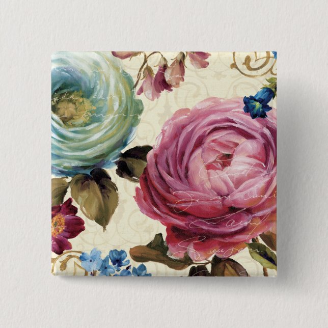 Pink and Blue Rose 2 Inch Square Button (Front)