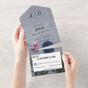 Pink and blue roses botanical floral Wedding All I In One Invitation