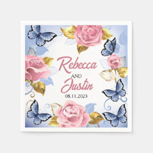 Pink and Blue Roses Floral Modern Boho Napkin