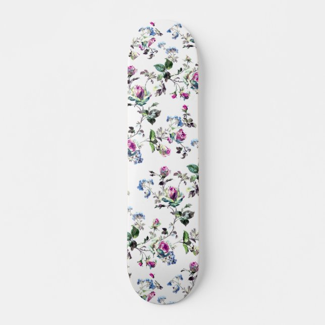 Pink and Blue Roses Floral Pattern Skateboard (Front)