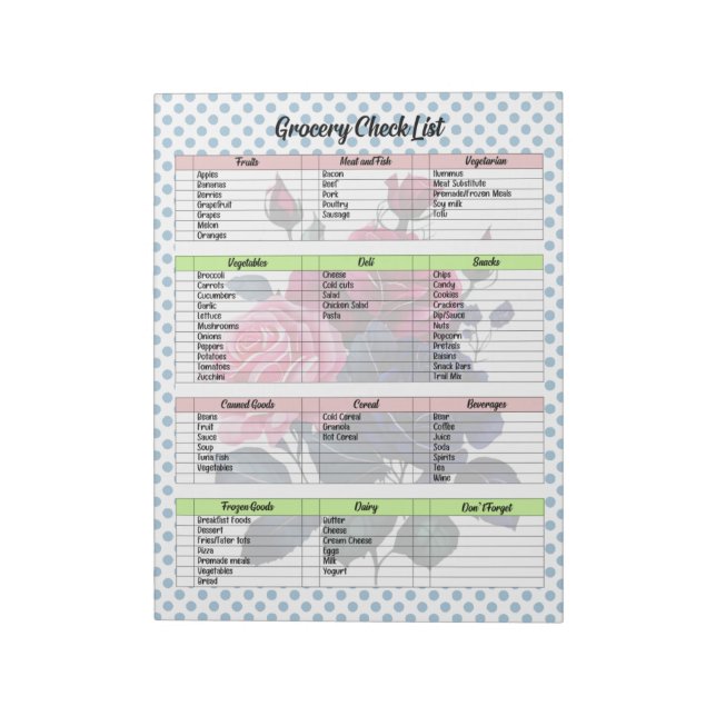 Pink and Blue Roses Grocery List Notepad (Rotated)