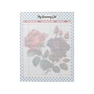 Pink and Blue Roses Grocery List  Notepad