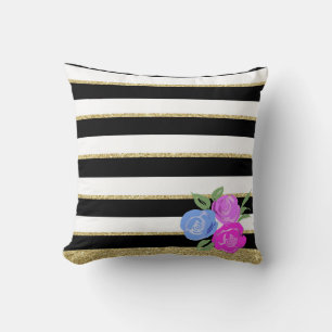 Pink and Blue Roses on Black, White, Gold Cushion