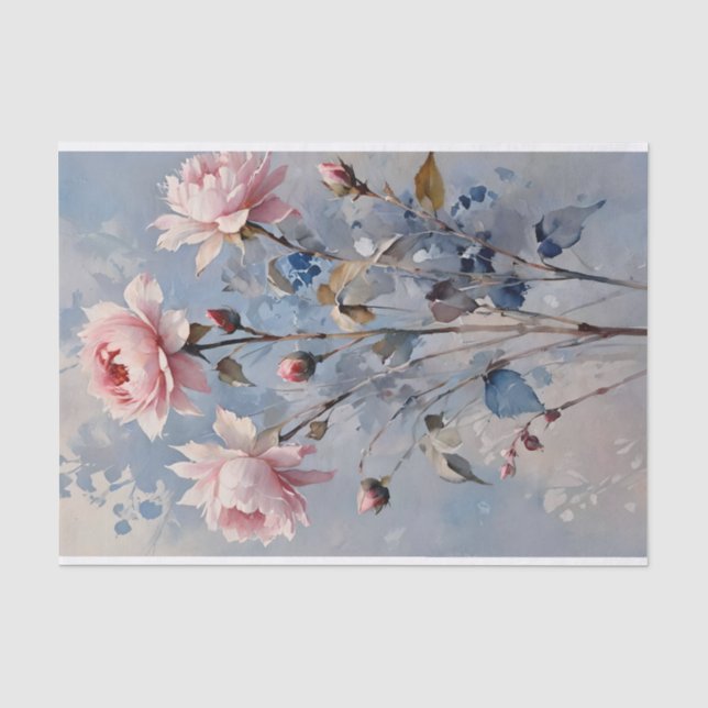 Pink and Blue Roses Watercolor Decoupage Tissue Paper (Front)