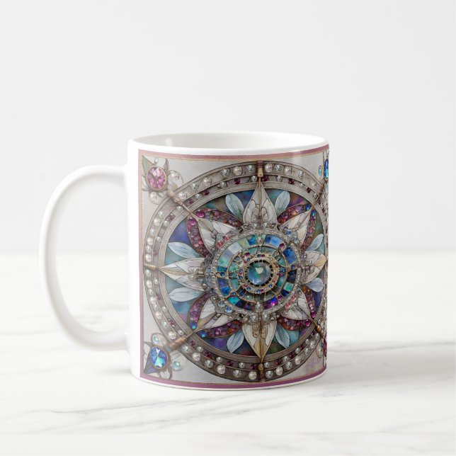 Pink and Blue Sapphires Diamonds Pearls Mandala Coffee Mug (Left)