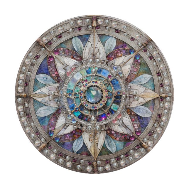 Pink and Blue Sapphires Diamonds Pearls Mandala Cutting Board (Front)