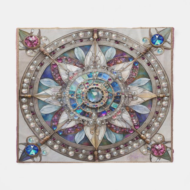 Pink and Blue Sapphires Diamonds Pearls Mandala Fleece Blanket (Front (Horizontal))