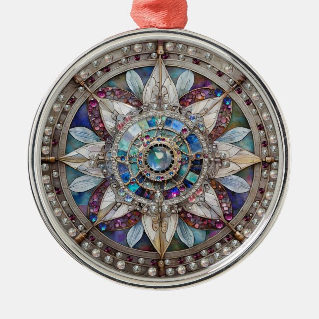 Pink and Blue Sapphires Diamonds Pearls Mandala Metal Ornament (Front)